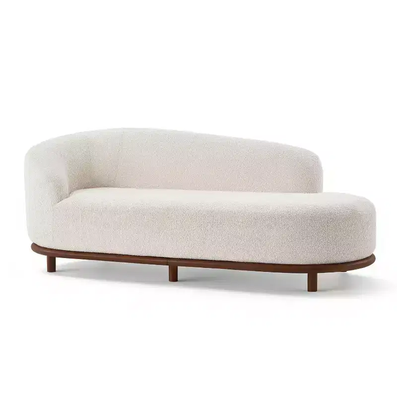 Chaise longue, canapé moderne du milieu du siècle avec cadre en bois d'hévéa, méridienne gauche pour salon