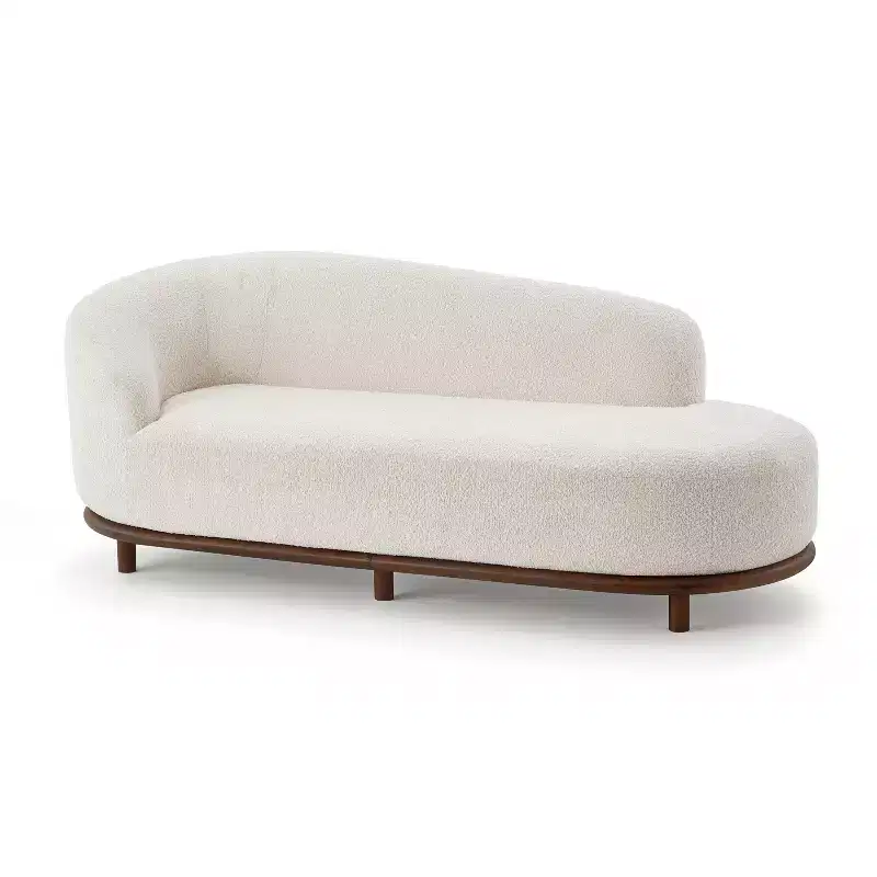 Chaise longue, canapé moderne du milieu du siècle avec cadre en bois d'hévéa, méridienne gauche pour salon