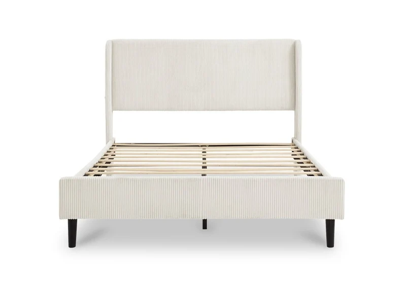 Lit double en velours côtelé épais beige 140x190cm LEVY