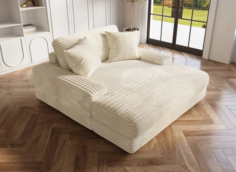 Canapé droit méridienne 1 place en gros côtelé doux beige DAHO