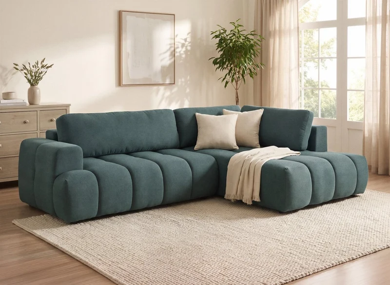 Canapé d'angle convertible avec coffre en tissu vert olive HAVEN - Angle droit