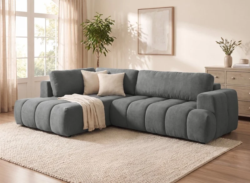 Canapé d'angle convertible avec coffre en tissu gris HAVEN - Angle gauche