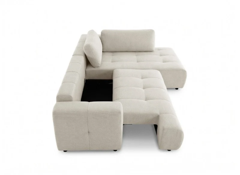 Canapé d'angle convertible avec coffre en tissu beige HAVEN - Angle droit