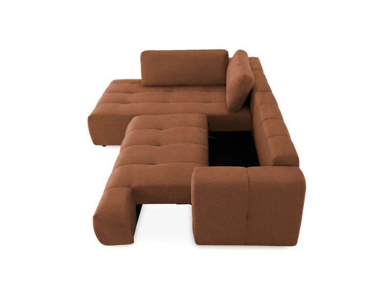 Canapé d'angle convertible avec coffre en tissu terracotta HAVEN - Angle gauche