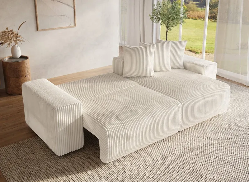 Canapé d'angle réversible convertible avec coffre en velours côtelé épais beige NOELIA