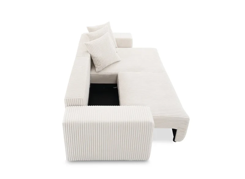 Canapé d'angle réversible convertible avec coffre en velours côtelé épais beige NOELIA