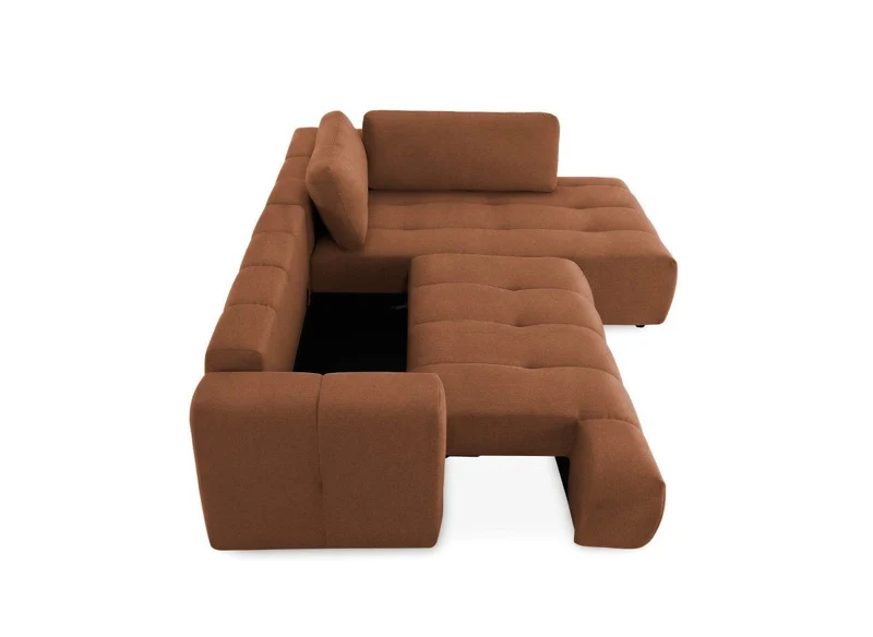 Canapé d'angle convertible avec coffre en tissu terracotta HAVEN - Angle droit