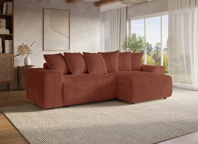 Canapé d'angle réversible convertible avec coffre en velours côtelé épais terracotta NOELIA
