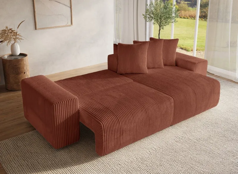Canapé d'angle réversible convertible avec coffre en velours côtelé épais terracotta NOELIA