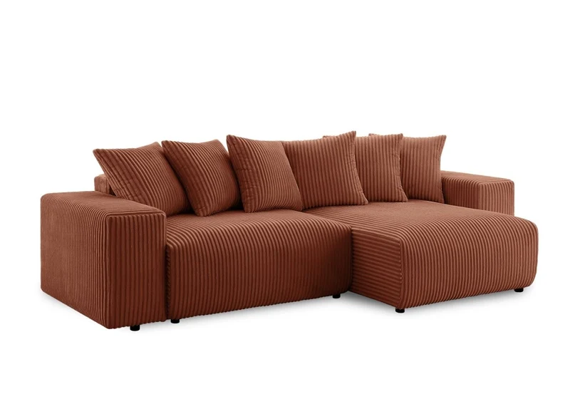 Canapé d'angle réversible convertible avec coffre en velours côtelé épais terracotta NOELIA