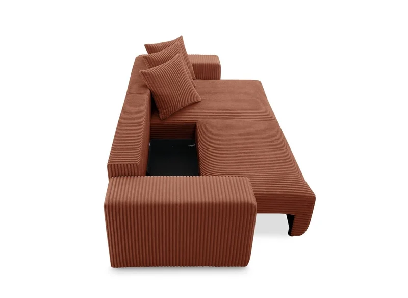 Canapé d'angle réversible convertible avec coffre en velours côtelé épais terracotta NOELIA