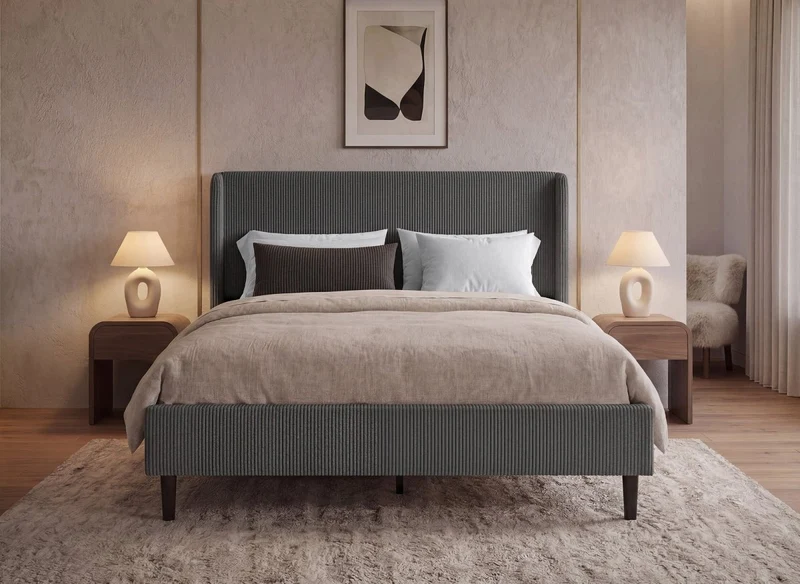 Lit double en velours côtelé épais gris foncé 140x190cm LEVY