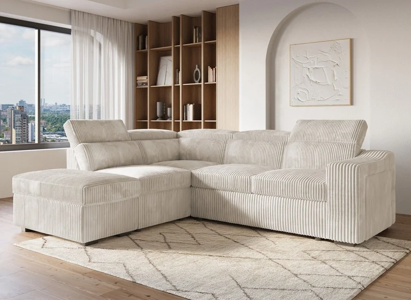 Canapé d'angle convertible avec coffre en velours beige côtelé MARTY - Angle gauche
