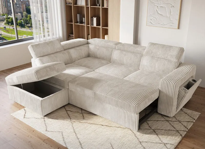 Canapé d'angle convertible avec coffre en velours beige côtelé MARTY - Angle gauche
