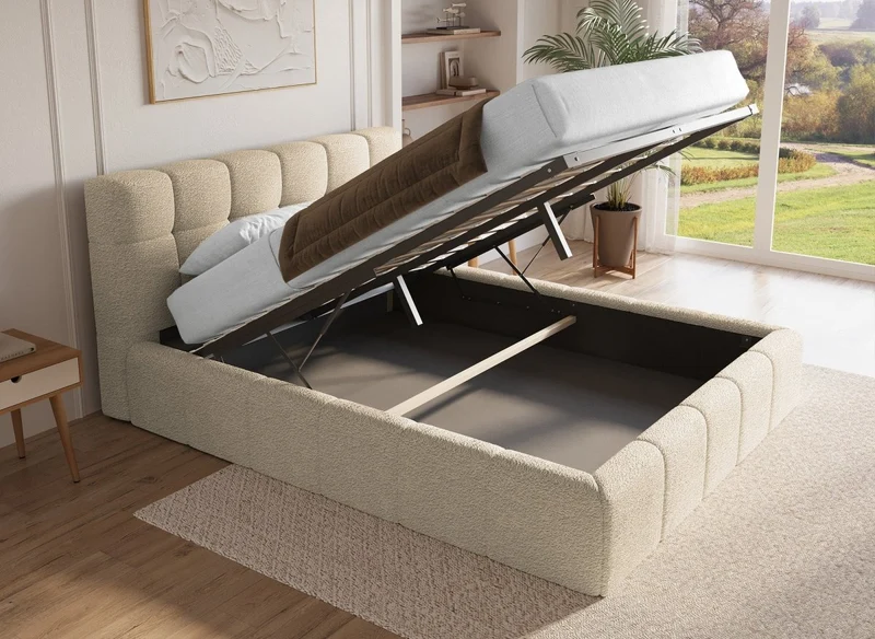 Lit coffre en tissu bouclette beige 160x200 cm MILIE