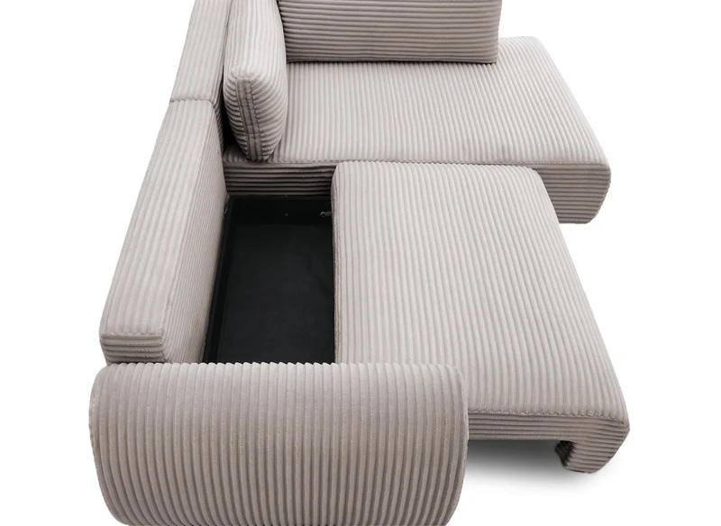 Canapé d'angle convertible avec méridienne et coffre en gros côtelé doux taupe TILDA - Angle droit