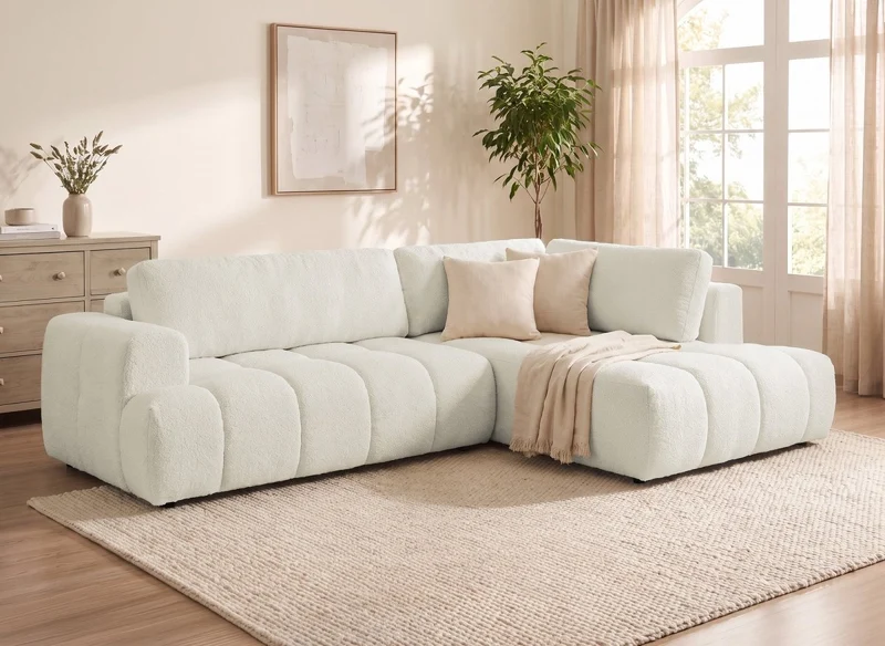 Canapé d'angle convertible avec coffre en tissu bouclette écru HAVEN - Angle droit
