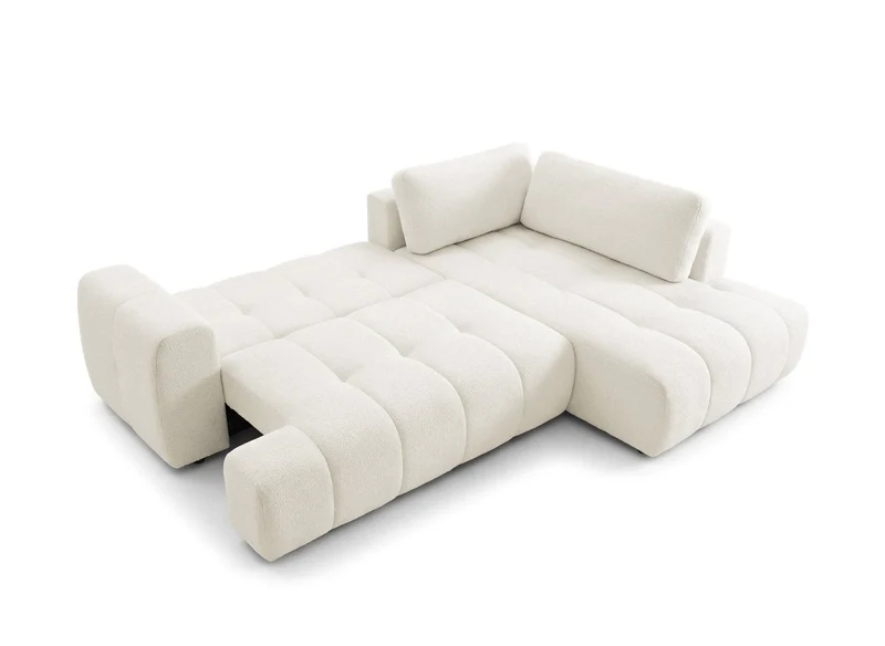 Canapé d'angle convertible avec coffre en tissu bouclette écru HAVEN - Angle droit