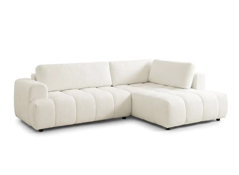 Canapé d'angle convertible avec coffre en tissu bouclette écru HAVEN - Angle droit