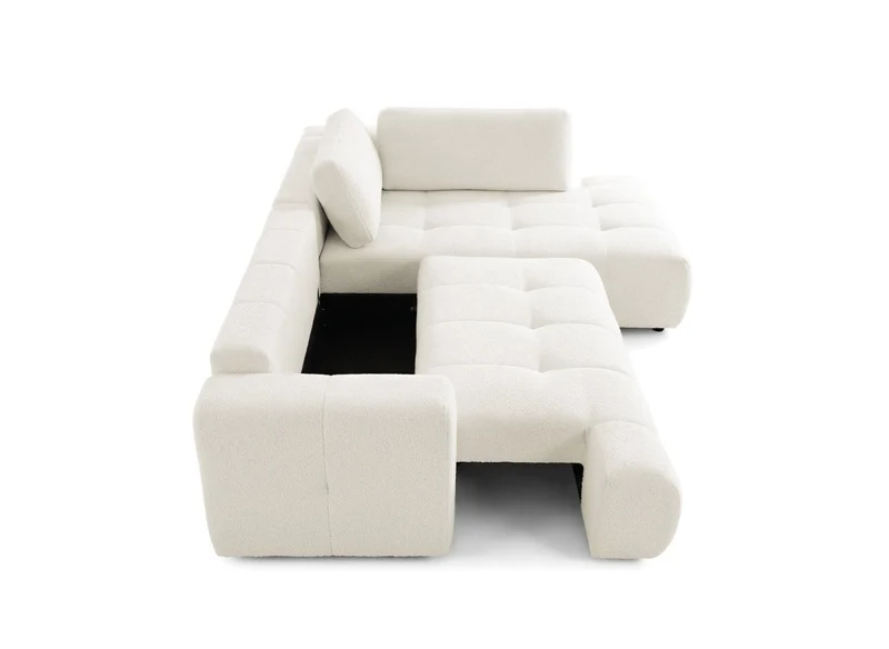 Canapé d'angle convertible avec coffre en tissu bouclette écru HAVEN - Angle droit