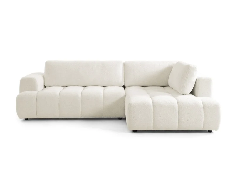 Canapé d'angle convertible avec coffre en tissu bouclette écru HAVEN - Angle droit