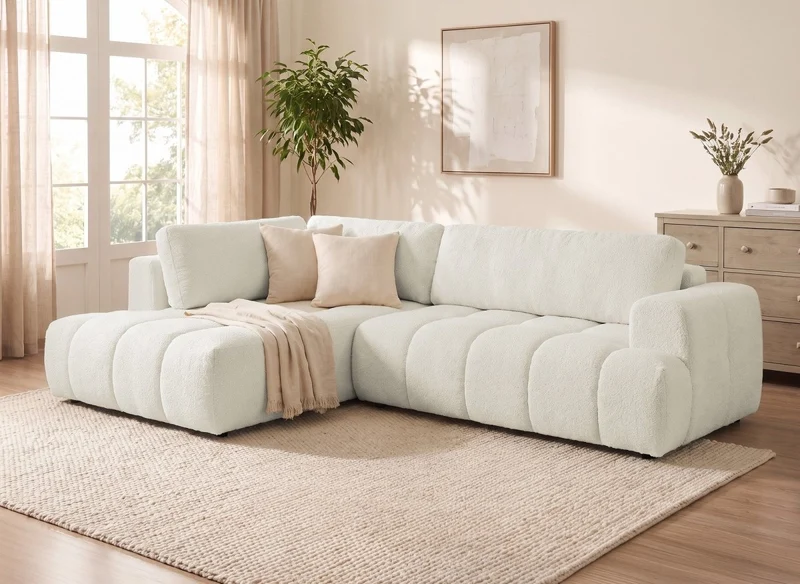 Canapé d'angle convertible avec coffre en tissu bouclette écru HAVEN - Angle gauche
