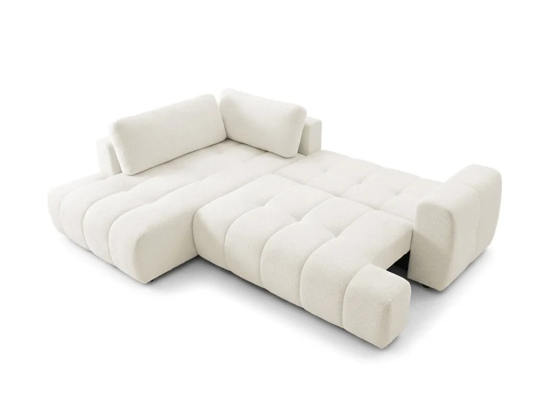 Canapé d'angle convertible avec coffre en tissu bouclette écru HAVEN - Angle gauche