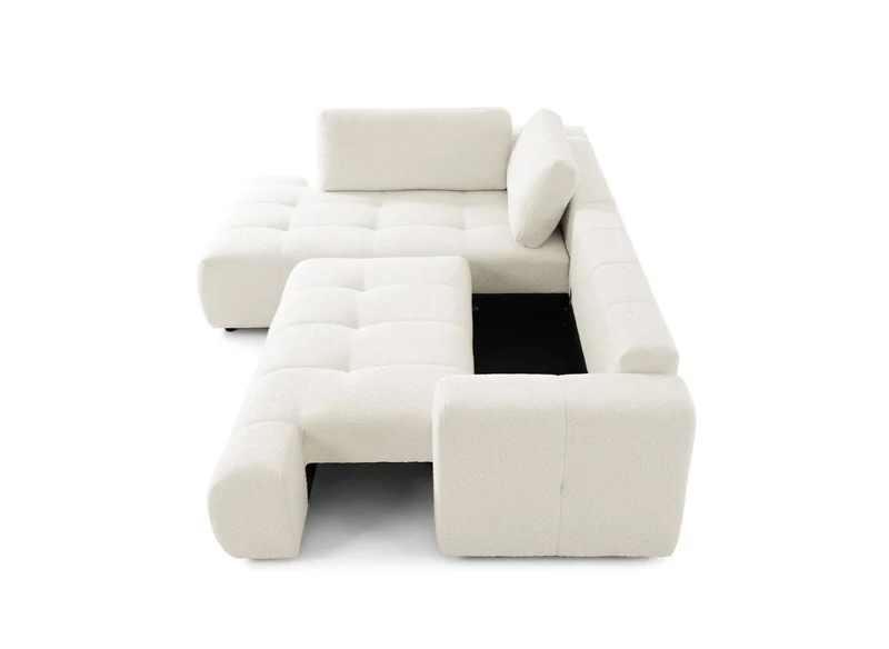 Canapé d'angle convertible avec coffre en tissu bouclette écru HAVEN - Angle gauche