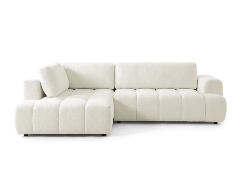 Canapé d'angle convertible avec coffre en tissu bouclette écru HAVEN - Angle gauche