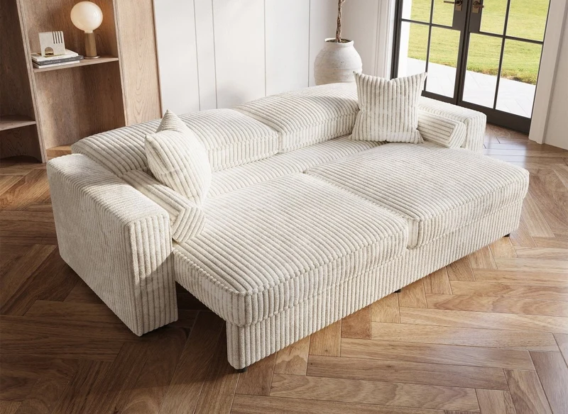 Canapé convertible 3 places en velours côtelé épais beige ALINE