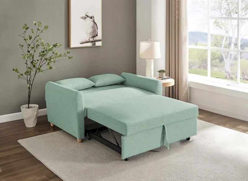 Canapé convertible 2 places en tissu vert d'eau KALAYA