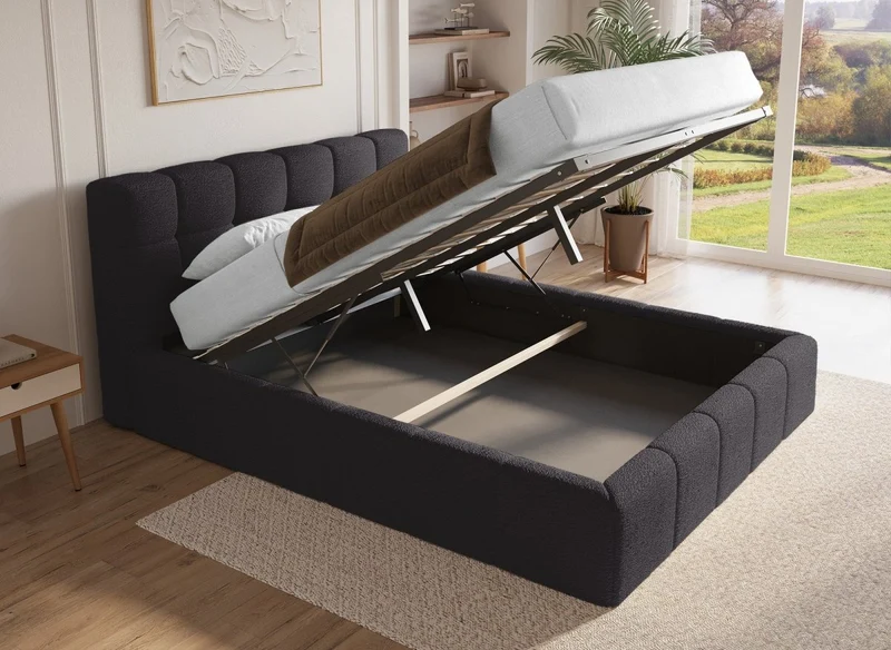Lit coffre en tissu bouclette gris 160x200 cm MILIE