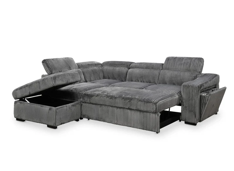 Canapé d'angle convertible avec coffre en velours côtelé gris MARTY - Angle gauche