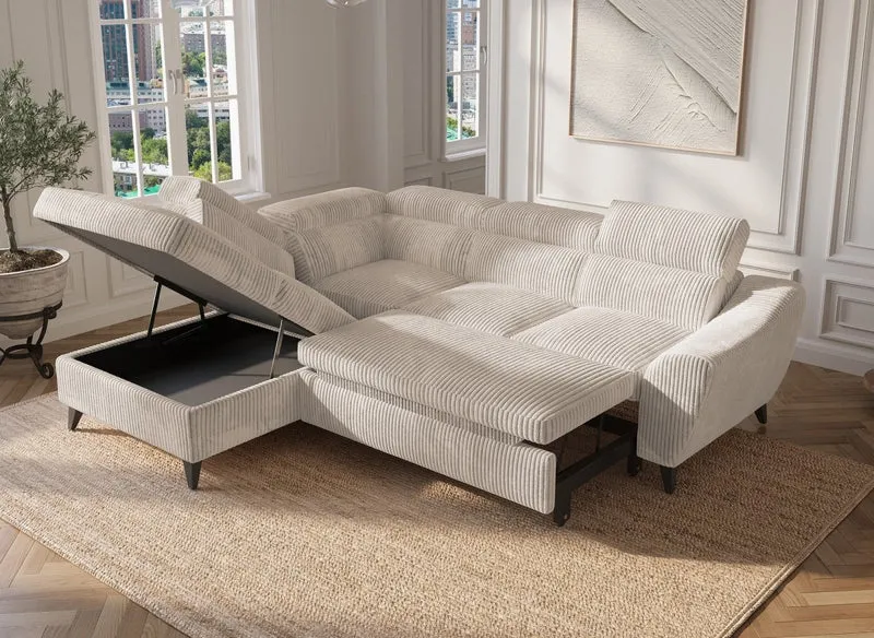 Canapé d'angle convertible avec coffre en velours côtelé épais beige DALTON - Angle gauche