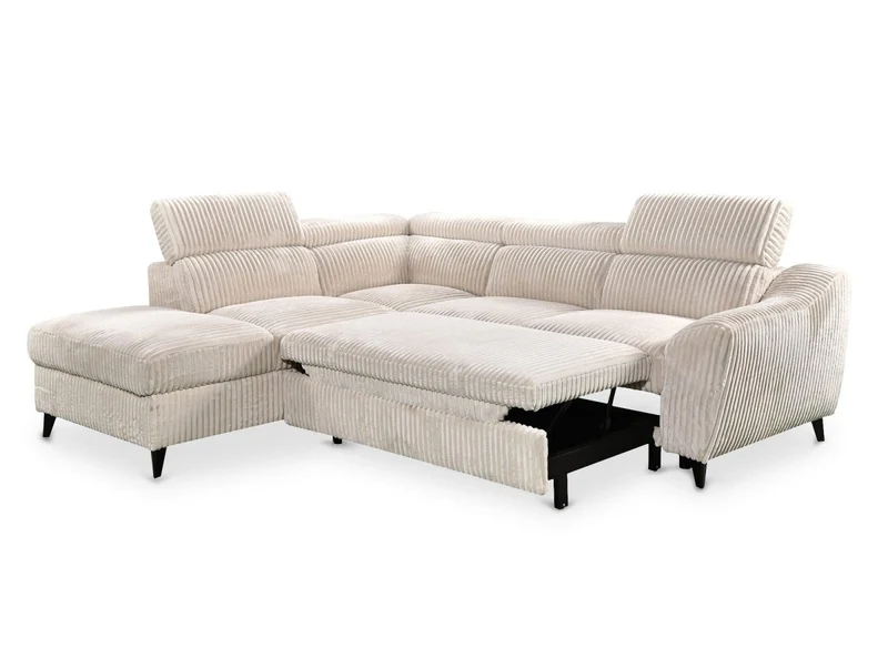 Canapé d'angle convertible avec coffre en velours côtelé épais beige DALTON - Angle gauche