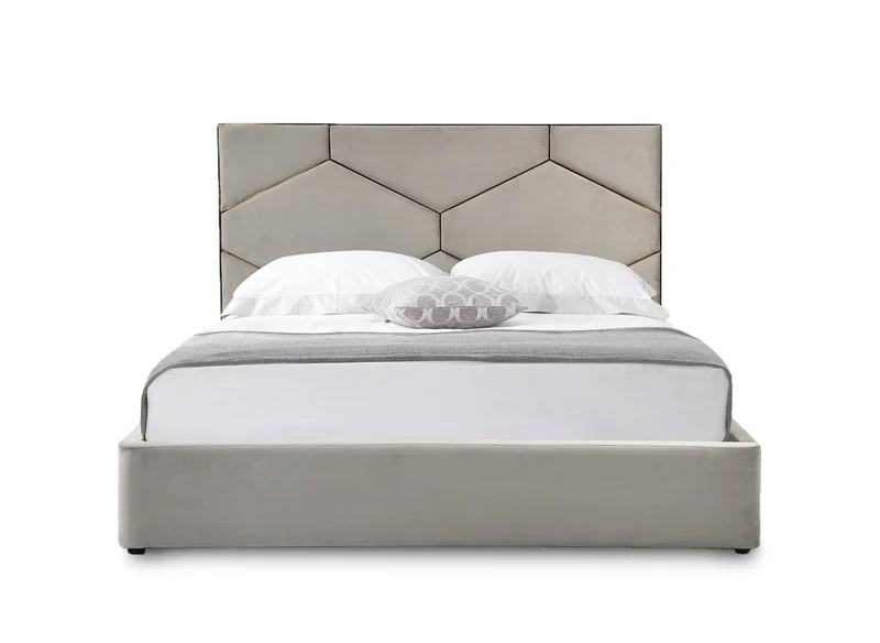 Lit coffre avec tête de lit design en velours taupe LARA 180 x 200 cm