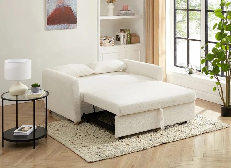 Canapé convertible 2 places en tissu bouclette blanc écru KALAYA