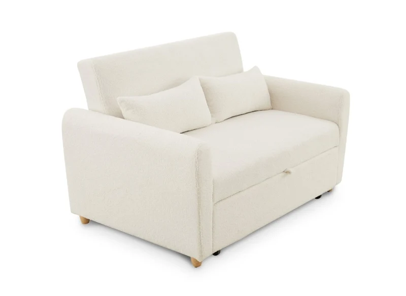 Canapé convertible 2 places en tissu bouclette blanc écru KALAYA