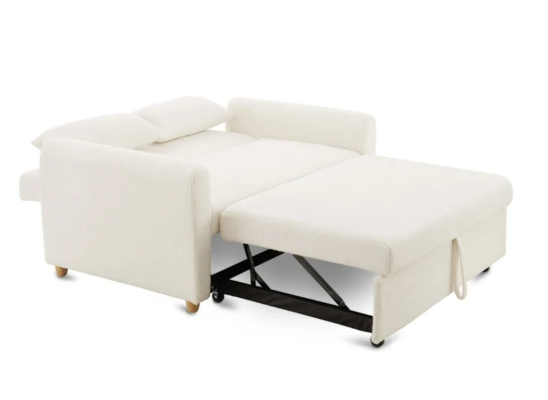 Canapé convertible 2 places en tissu bouclette blanc écru KALAYA