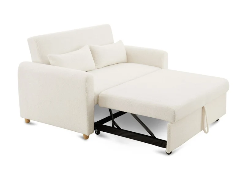Canapé convertible 2 places en tissu bouclette blanc écru KALAYA