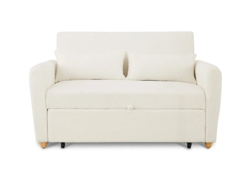 Canapé convertible 2 places en tissu bouclette blanc écru KALAYA