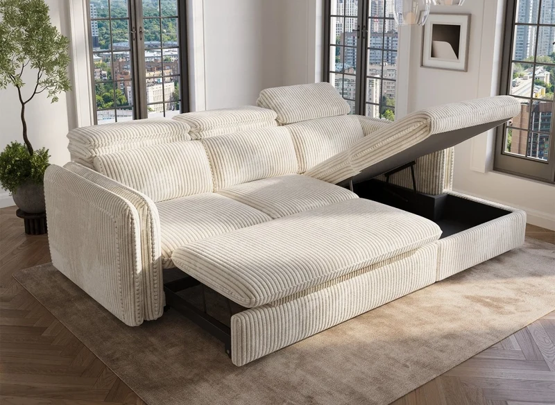 Canapé d'angle convertible en velours côtelé épais beige ISABELLA - Angle droit