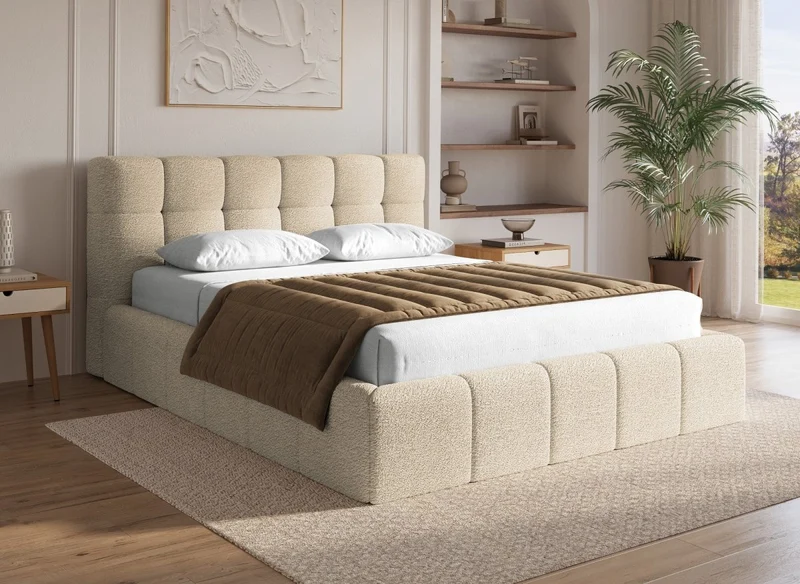 Lit coffre en tissu bouclette beige 140x190 cm MILIE