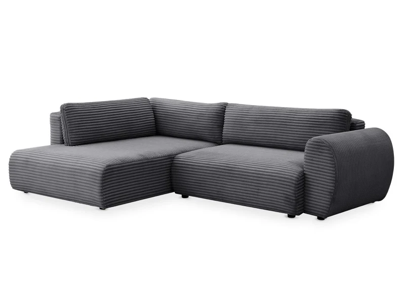 Canapé d'angle convertible avec méridienne et coffre en gros côtelé doux gris TILDA - Angle gauche