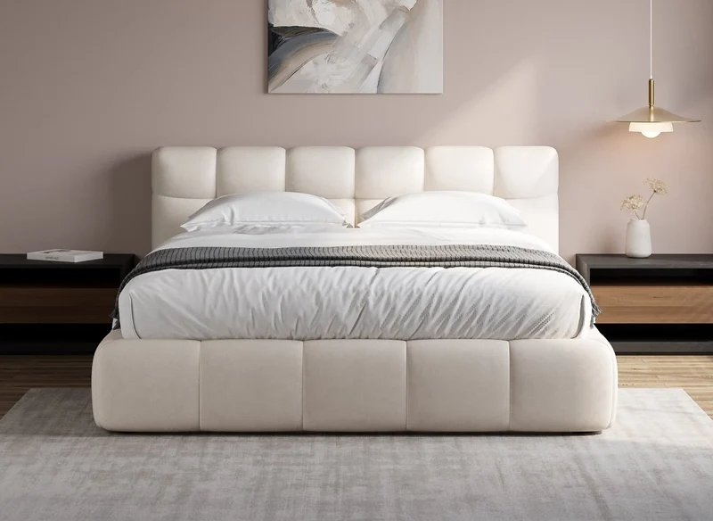Lit double en velours beige 140x190 cm GEORGINA