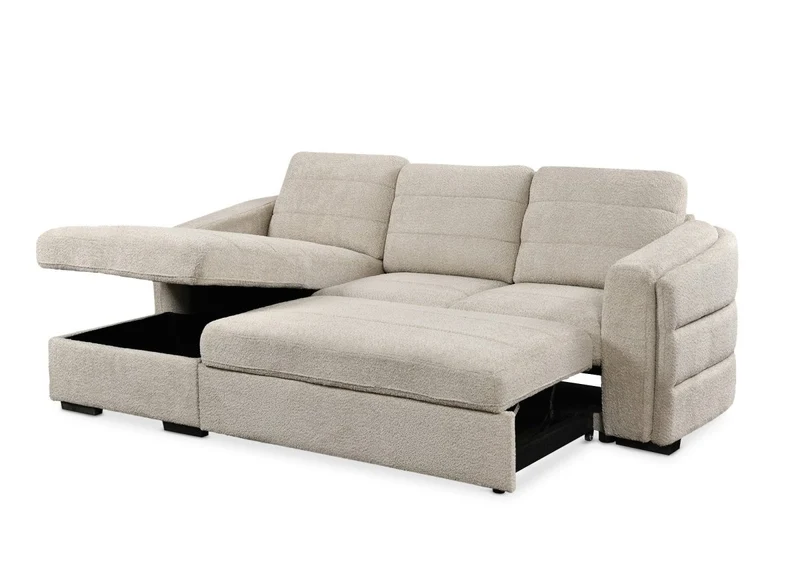 Canapé d'angle convertible avec coffre en tissu bouclette beige CALANDRA - Angle gauche