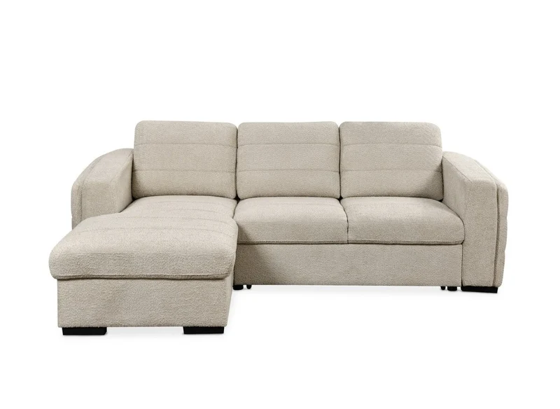 Canapé d'angle convertible avec coffre en tissu bouclette beige CALANDRA - Angle gauche
