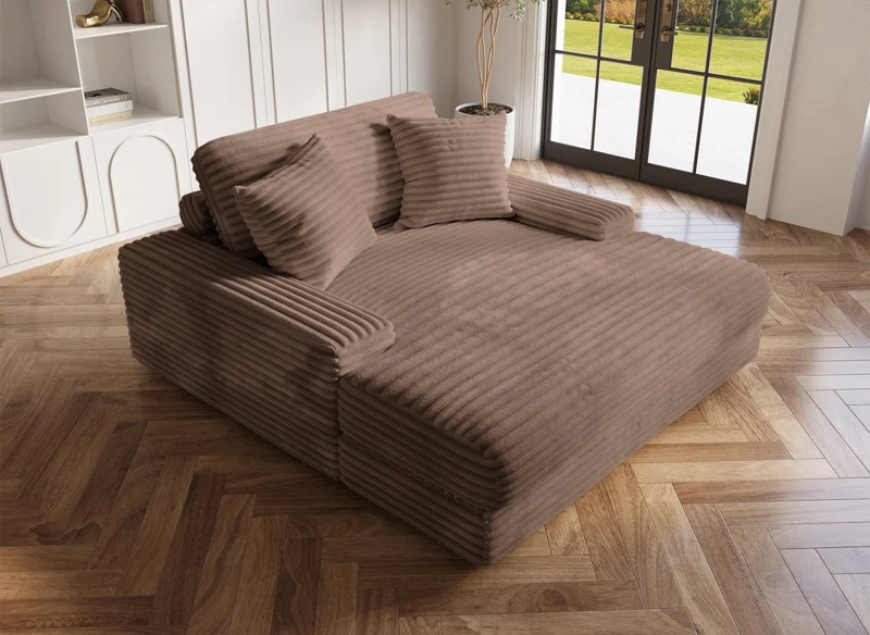 Canapé droit méridienne 1 place en gros côtelé doux taupe DAHO