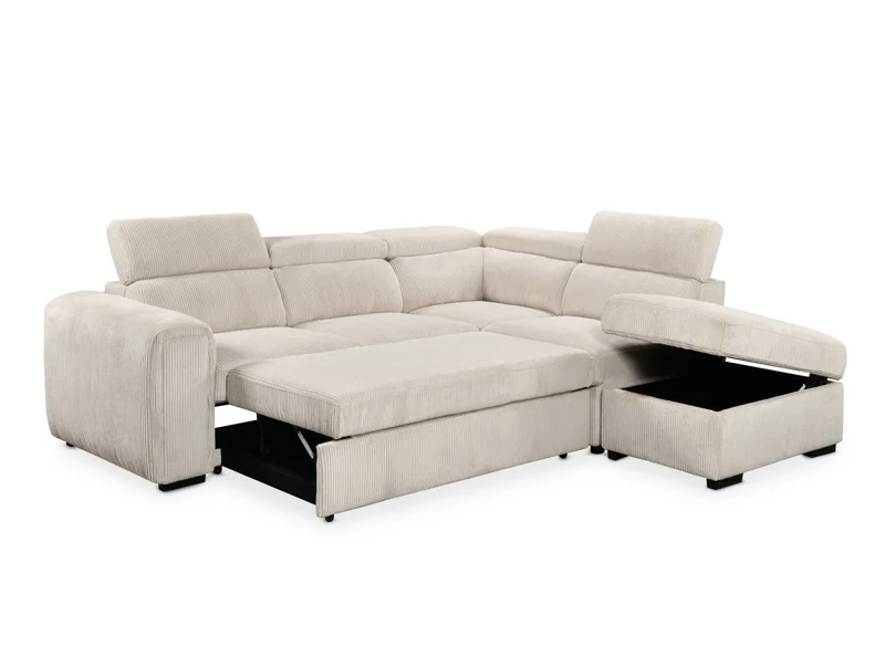 Canapé d'angle convertible avec coffre en velours côtelé épais beige ZENOVA - Angle droit
