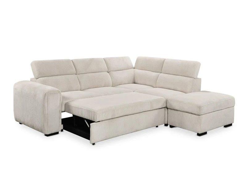 Canapé d'angle convertible avec coffre en velours côtelé épais beige ZENOVA - Angle droit
